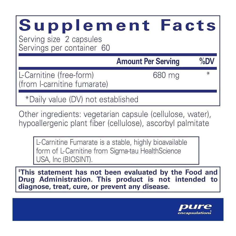 Pure Encapsulations L-Carnitine Fumarate supplement facts panel