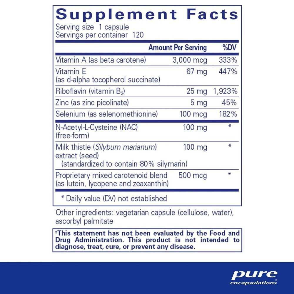 AntiOxidant Formula supplement facts with vitamins A and E, riboflavin, zinc, selenium, NAC, milk thistle and carotenoids