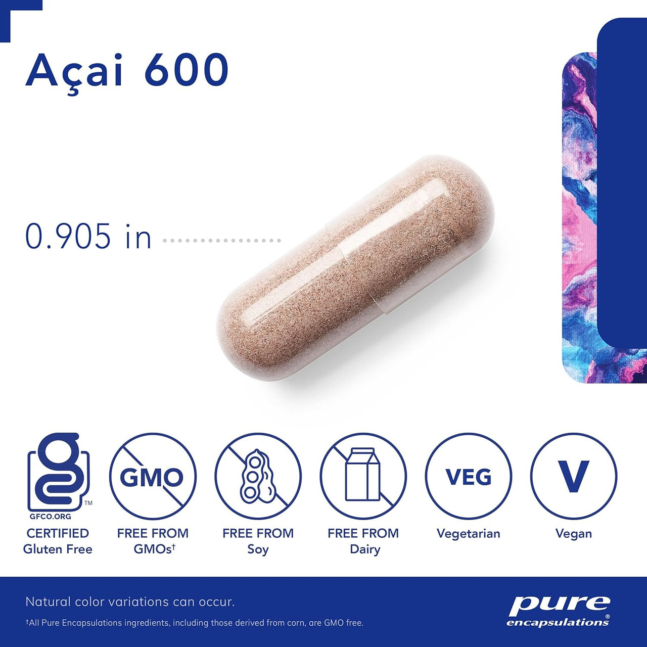 Acai 600 capsule measuring 0.905 inches with free-from and vegan icons