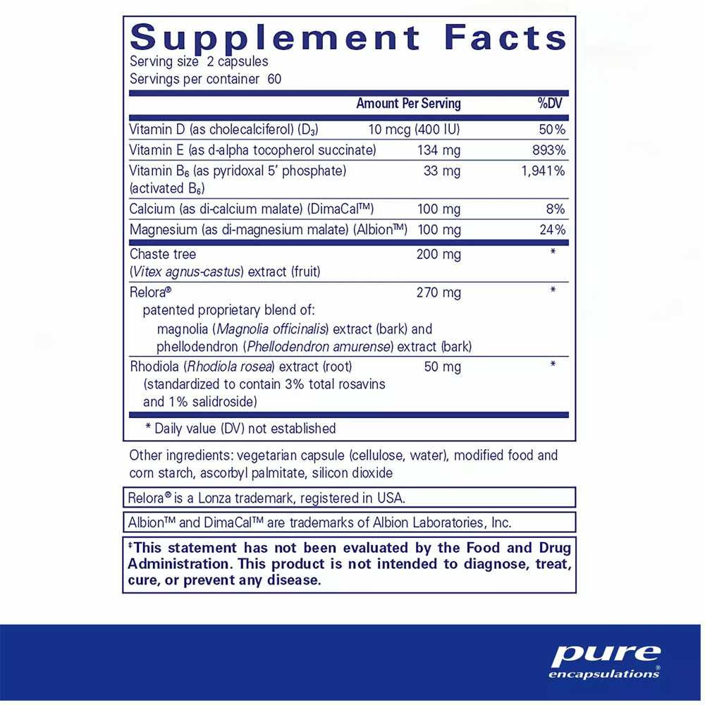 PMS Essentials supplement facts with vitamins, magnesium, chasteberry and Relora