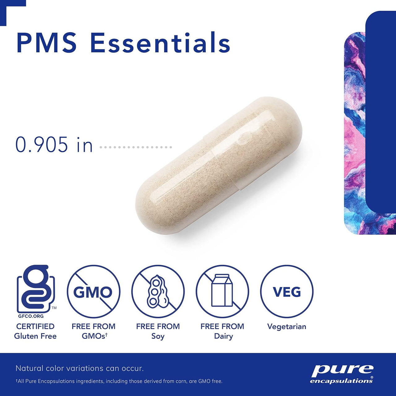 PMS Essentials capsule, 0.905 inch, with gluten-free, non-GMO and vegetarian icons