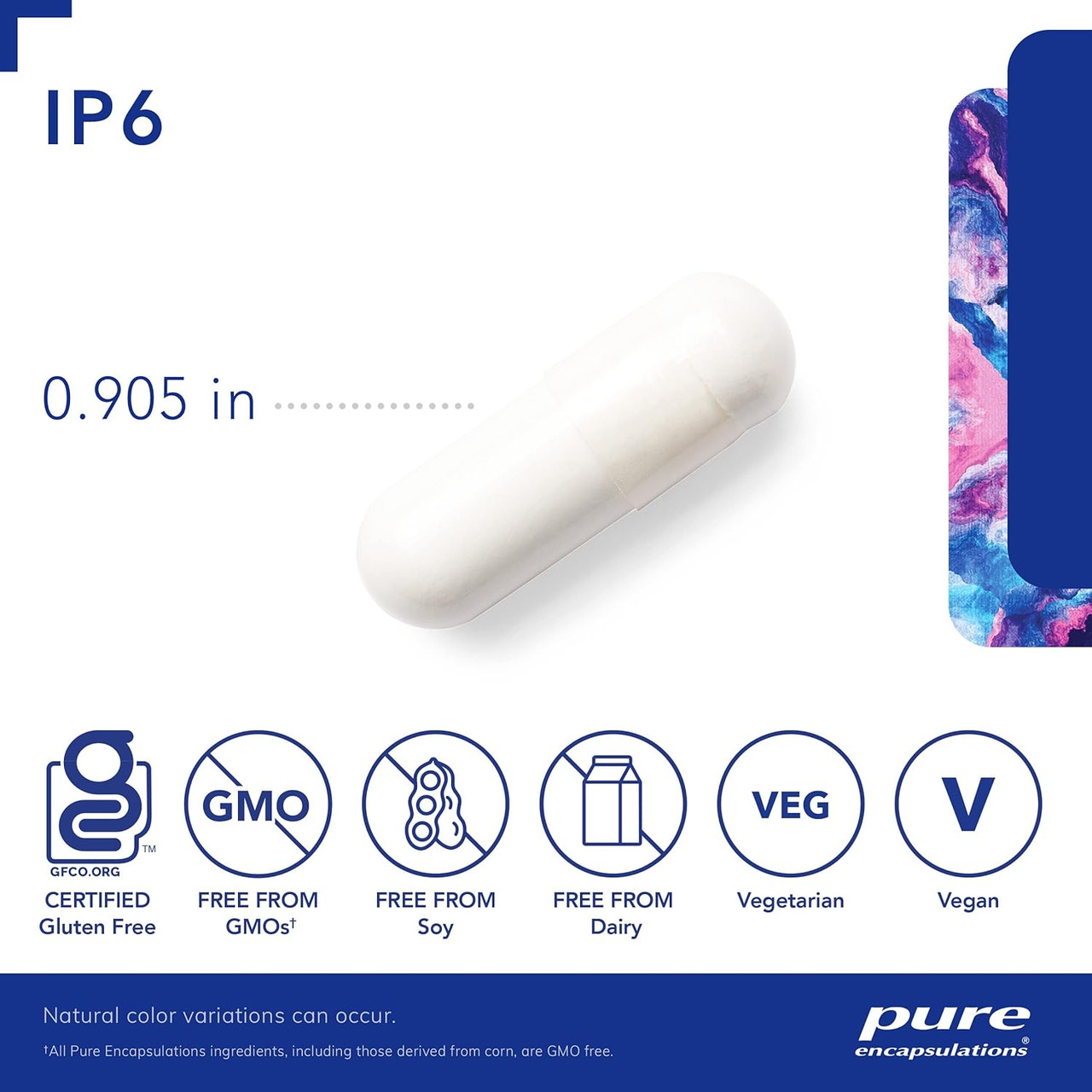 IP6 capsule measuring 0.905 inches with vegan and non-GMO icons
