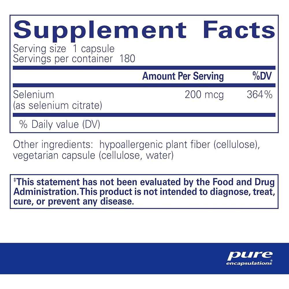 Selenium supplement facts, 200 mcg selenium citrate per capsule