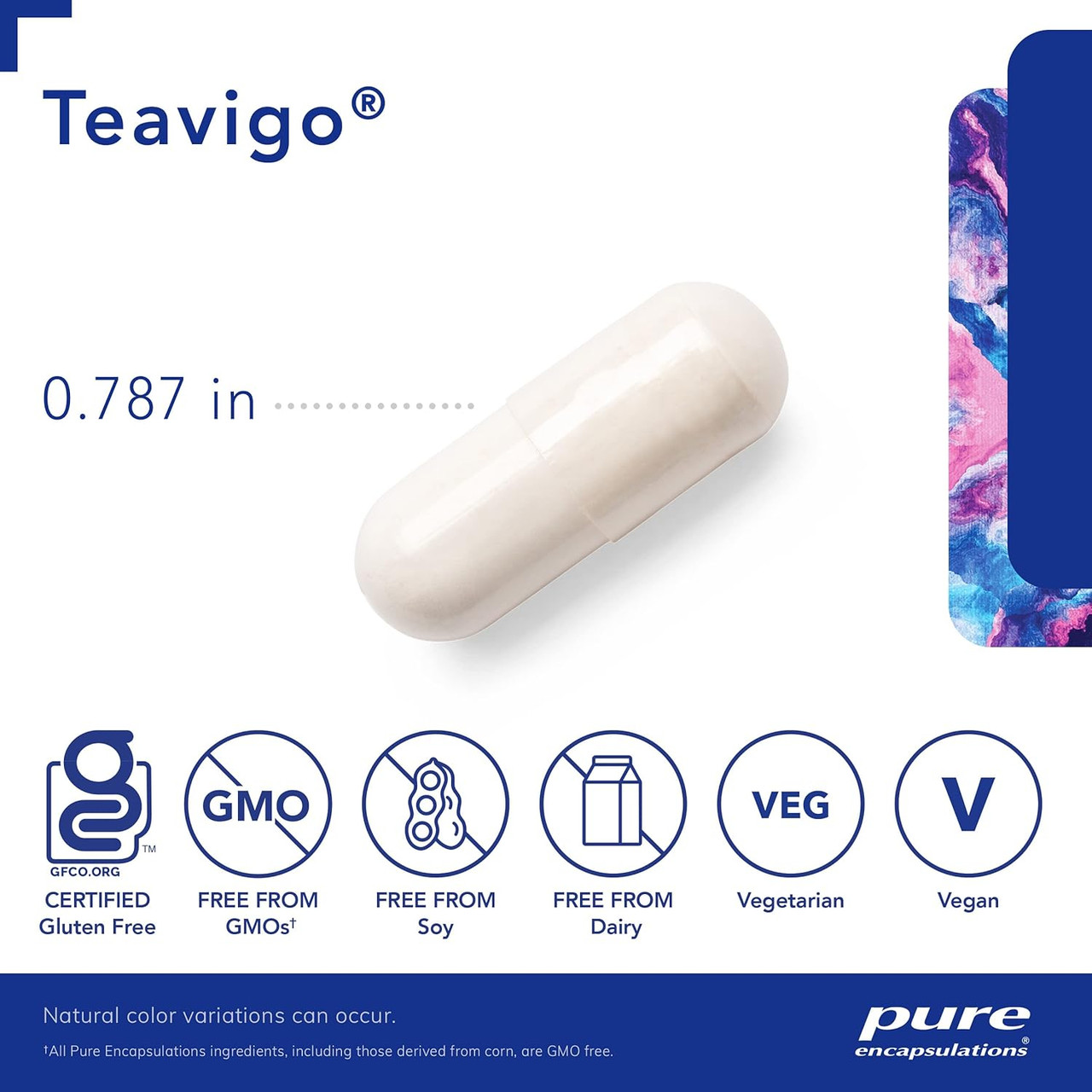 Teavigo capsule with size marker and free-from icons