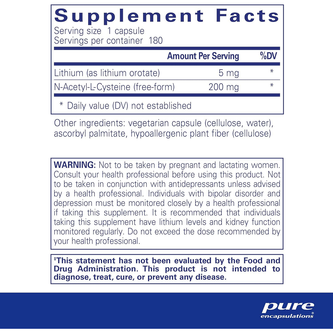 Supplement facts and warning panel for Lithium, 180 servings