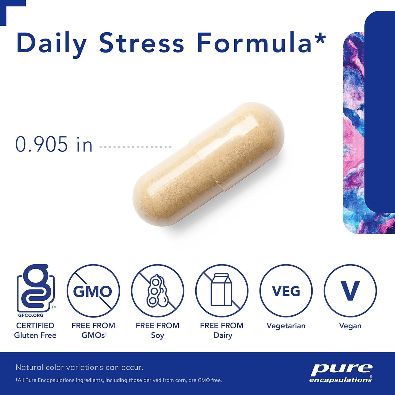 Daily Stress Formula capsule measuring 0.905 inches with free-from and vegan icons