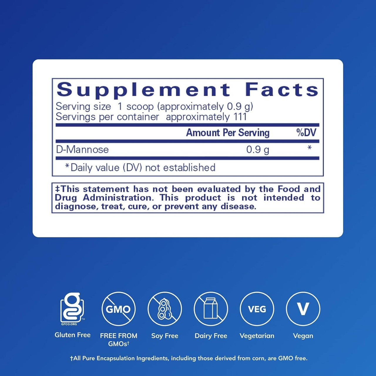 D-Mannose powder supplement facts, 0.9 g scoop, about 111 servings