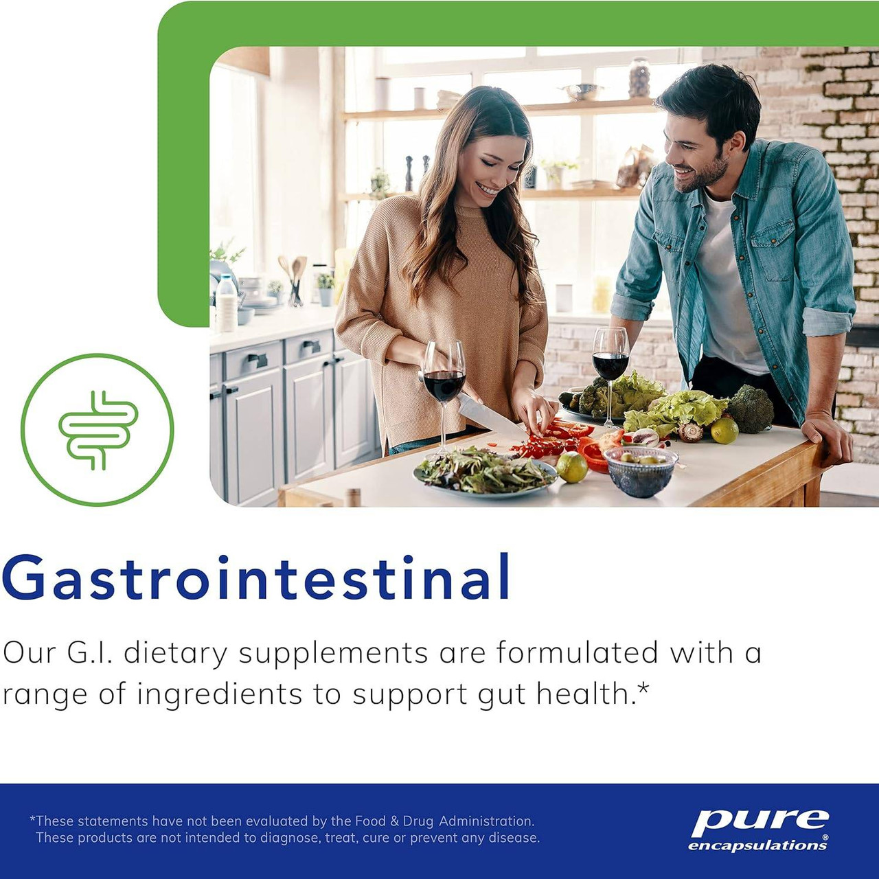 Couple cooking in a kitchen, Pure Encapsulations gastrointestinal graphic