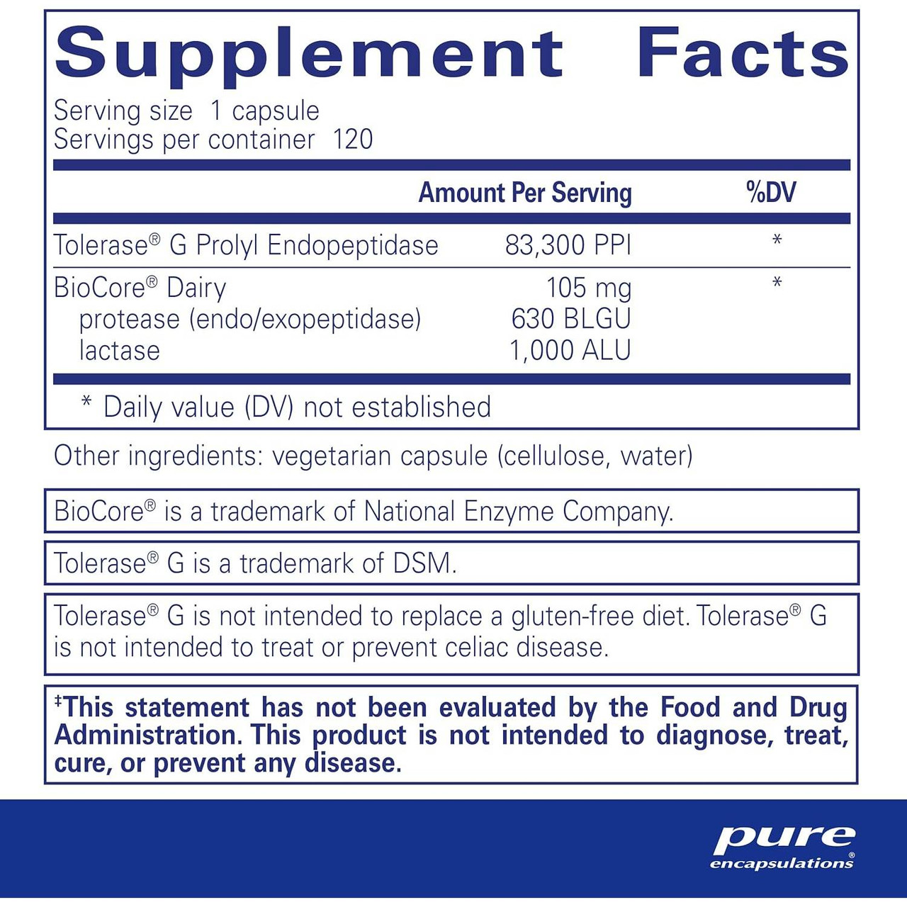 Gluten/Dairy Digest 120 capsule supplement facts panel