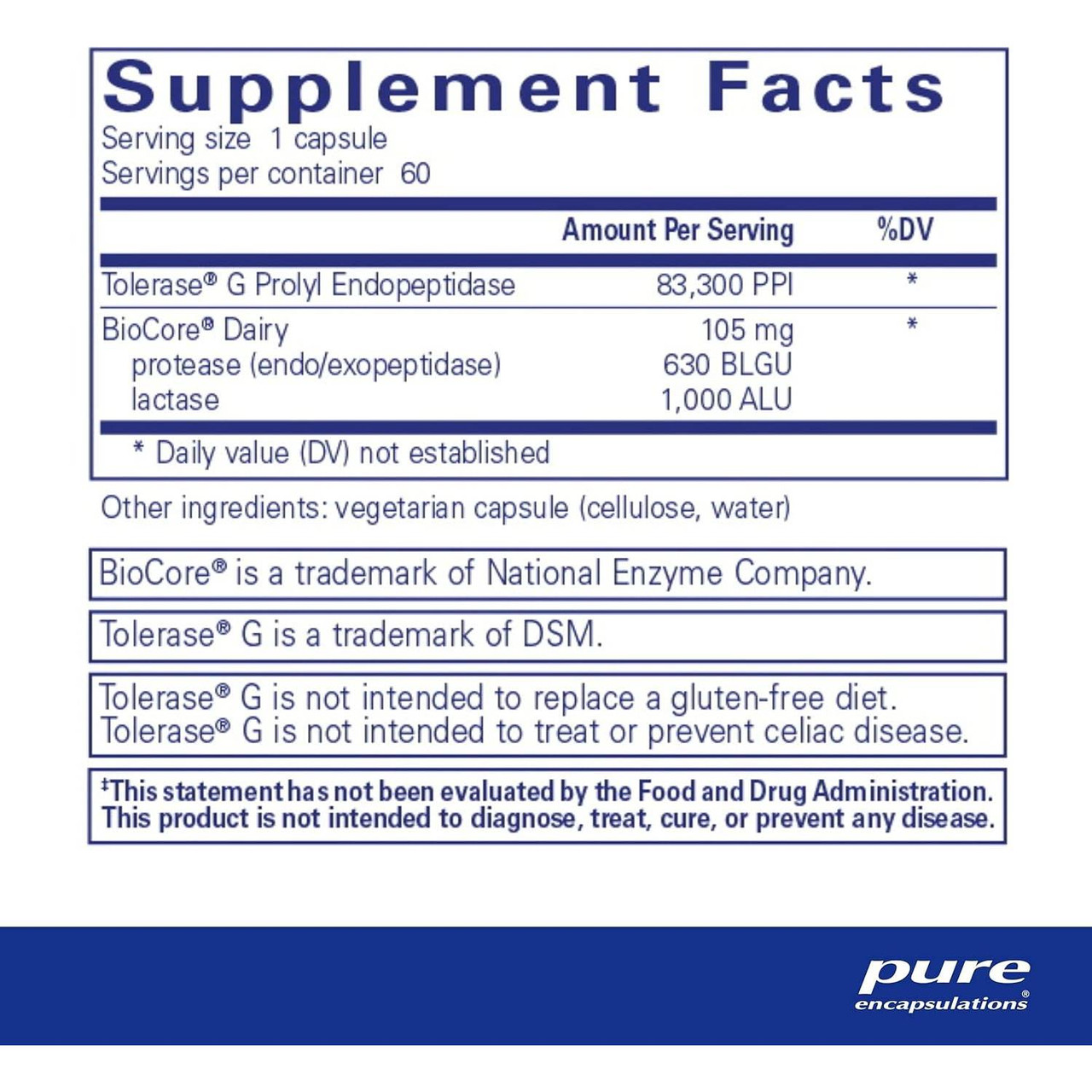 Gluten/Dairy Digest 60 capsule supplement facts panel