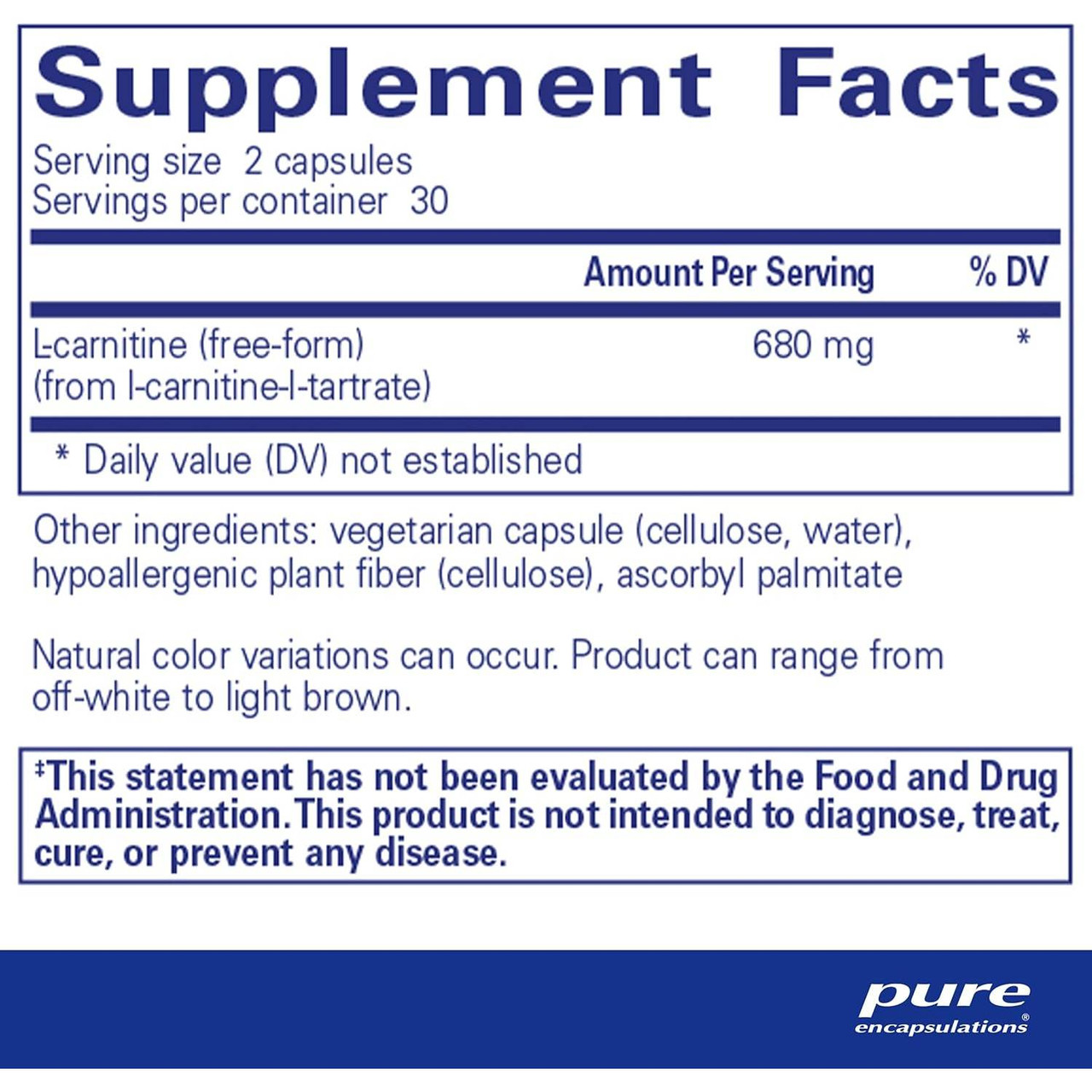 Pure Encapsulations L-Carnitine 60 capsule supplement facts, 680 mg per 2 capsules
