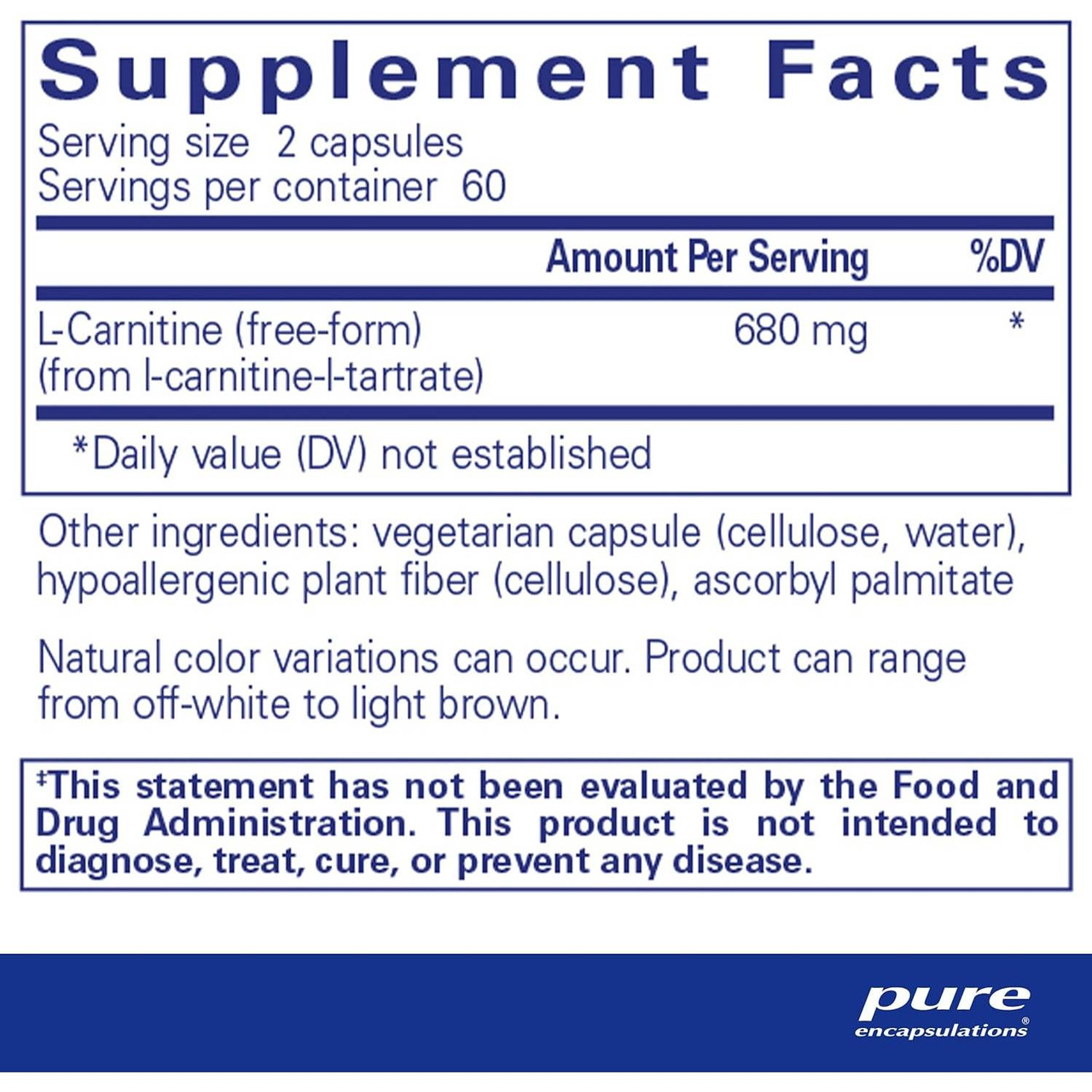 Pure Encapsulations L-Carnitine 120 capsule supplement facts, 60 servings