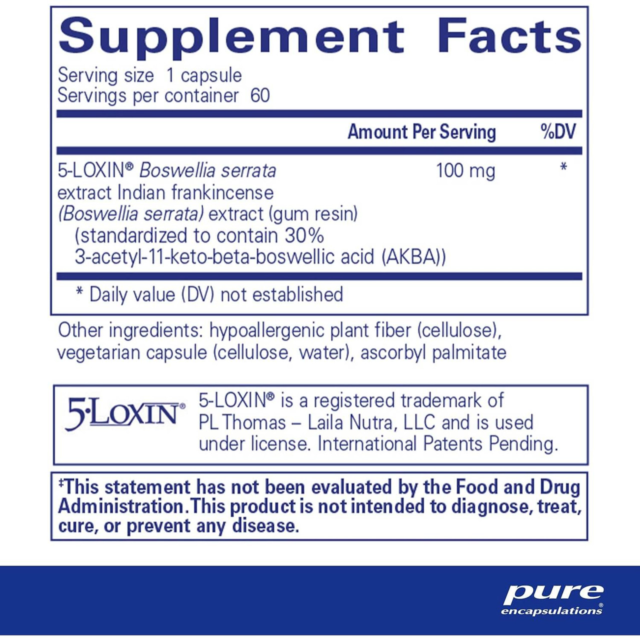 Boswellia AKBA supplement facts panel, 60 servings
