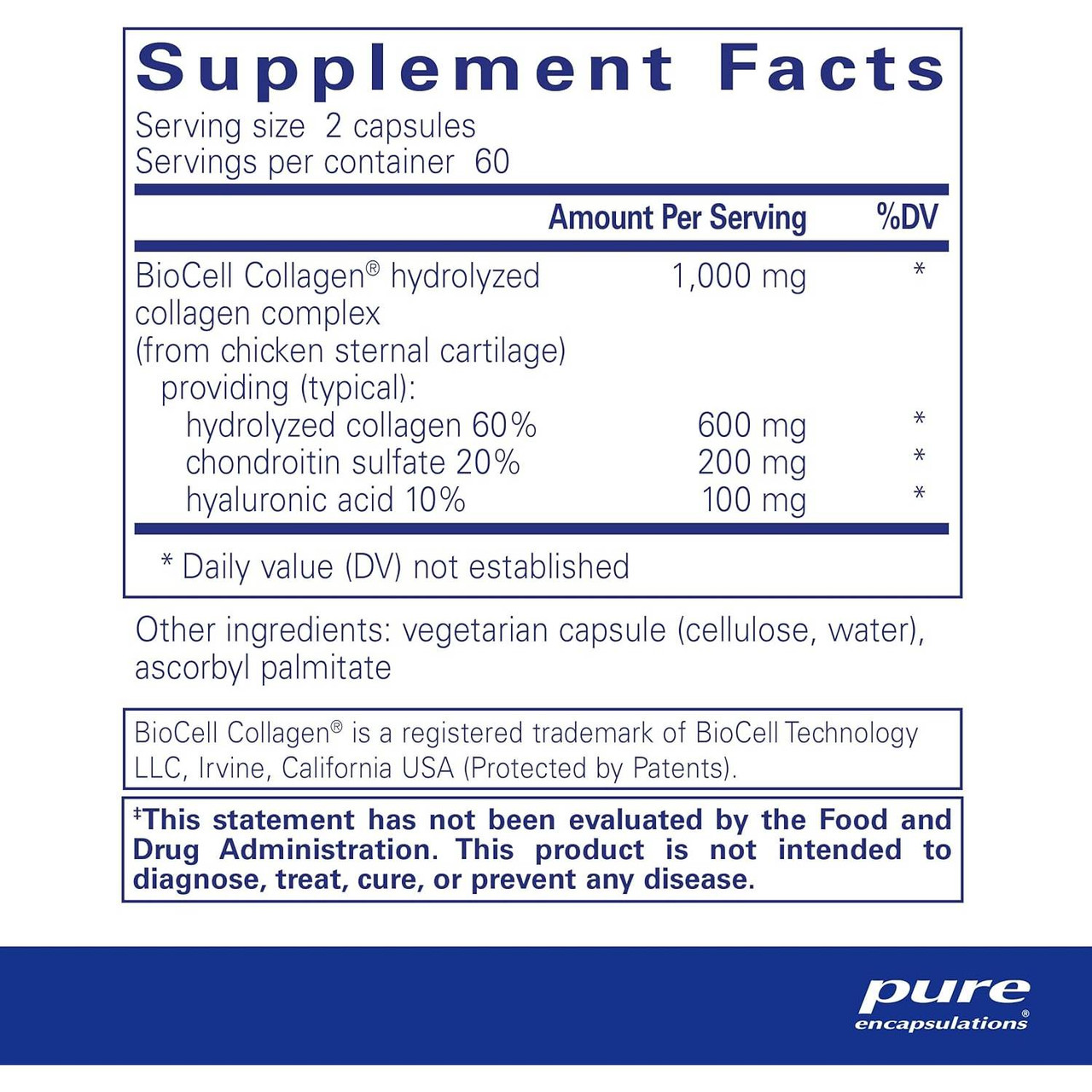 Supplement facts for Collagen JS, 60 servings