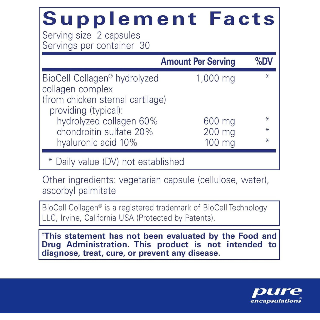 Supplement facts for Collagen JS, 30 servings