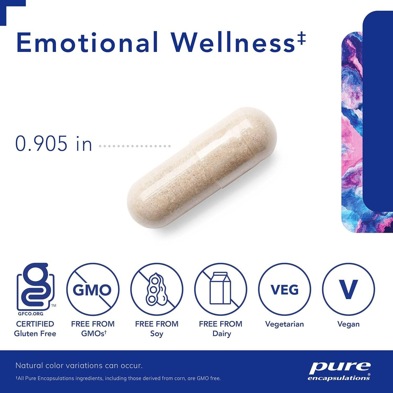 Emotional Wellness capsule with size marker and free-from icons