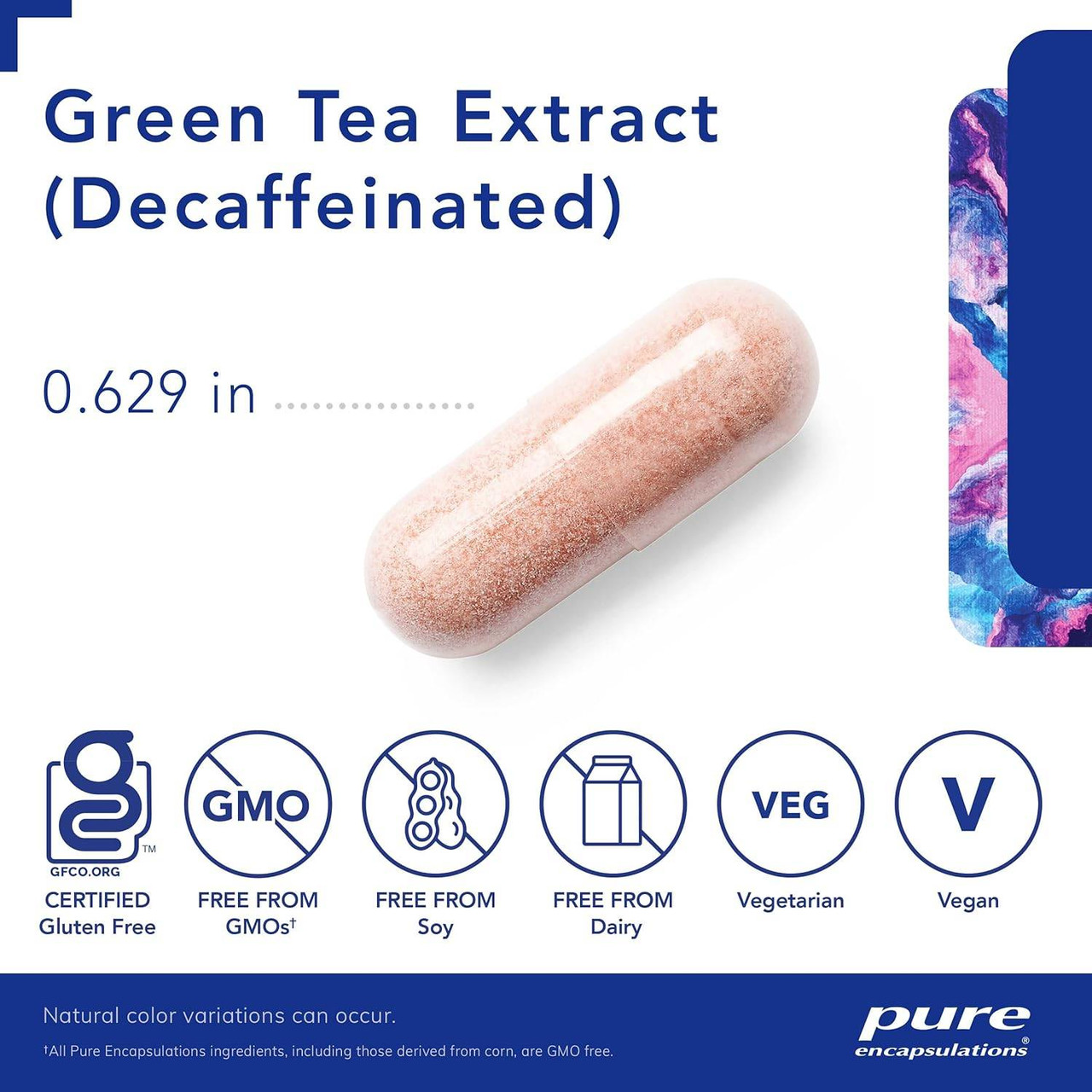 Green Tea Extract capsule size 0.629 in with free-from icons