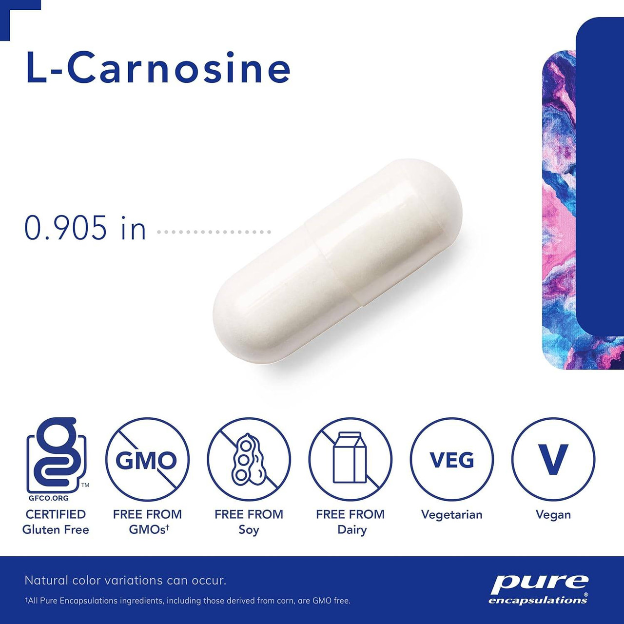 L-Carnosine capsule measuring 0.905 inches with non-GMO icons