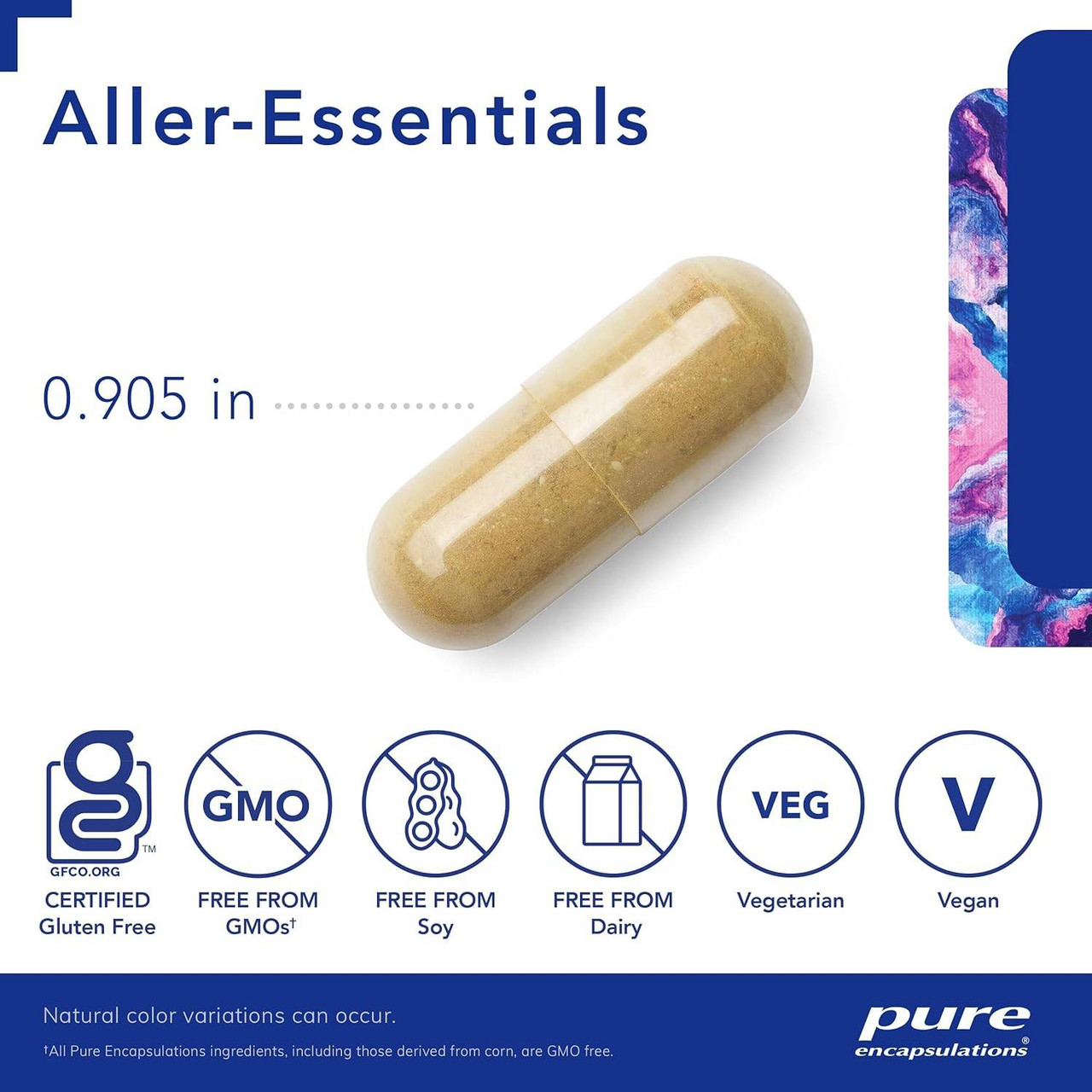 Aller-Essentials 0.905 in capsule with gluten free, non-GMO, soy-free, dairy-free, vegetarian and vegan icons