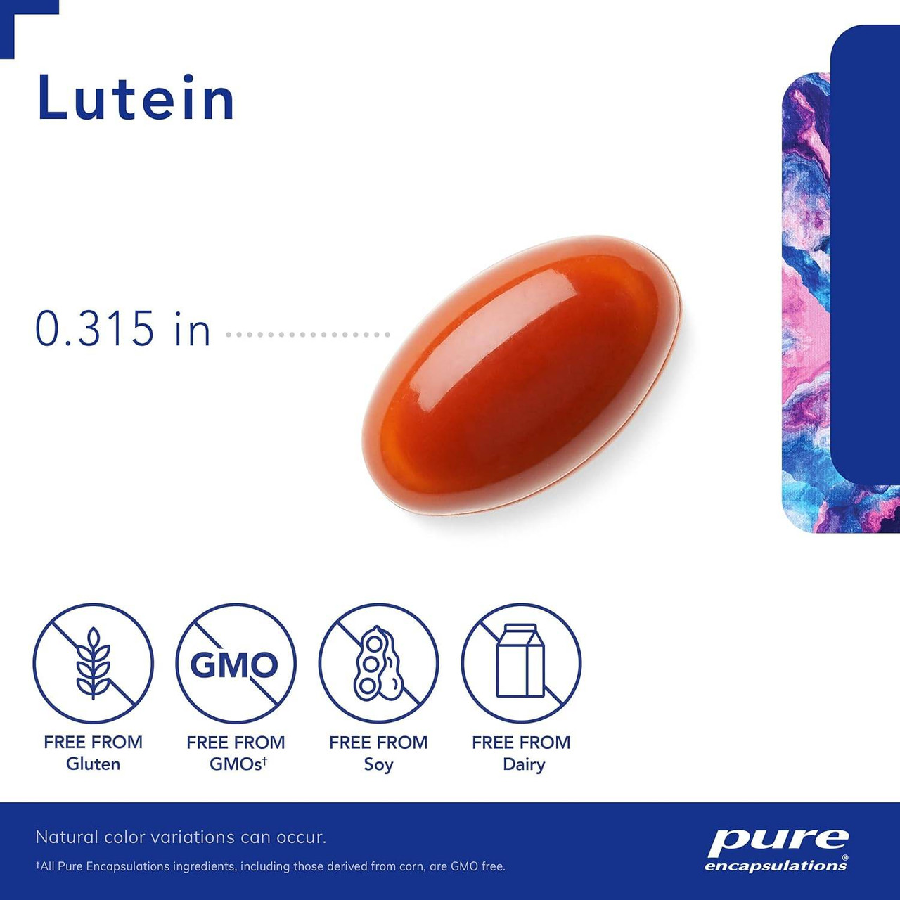 Lutein softgel size 0.315 in with free-from icons