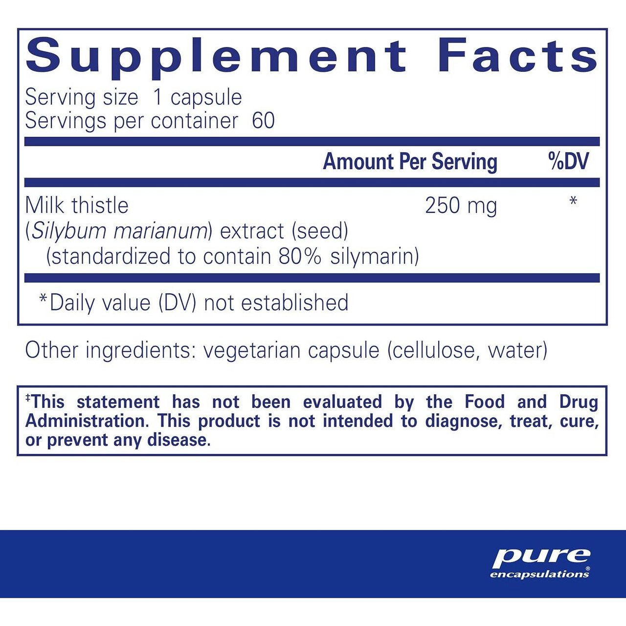Silymarin supplement facts panel, 1 capsule serving, 60 servings