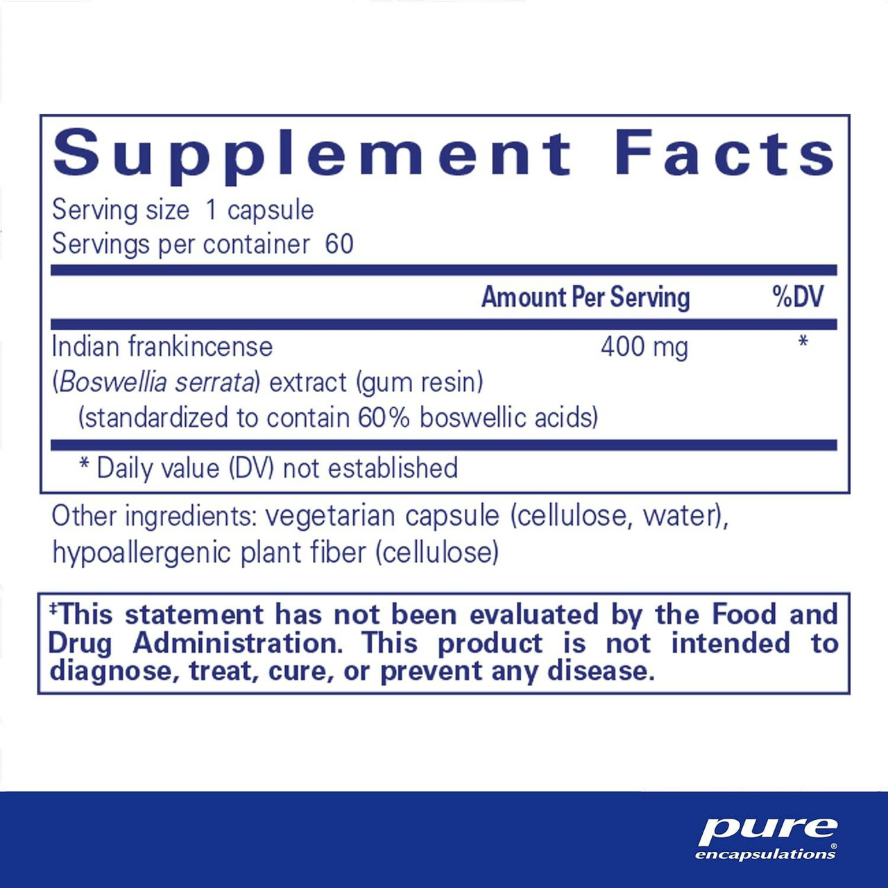Boswellia 60 capsule supplement facts panel