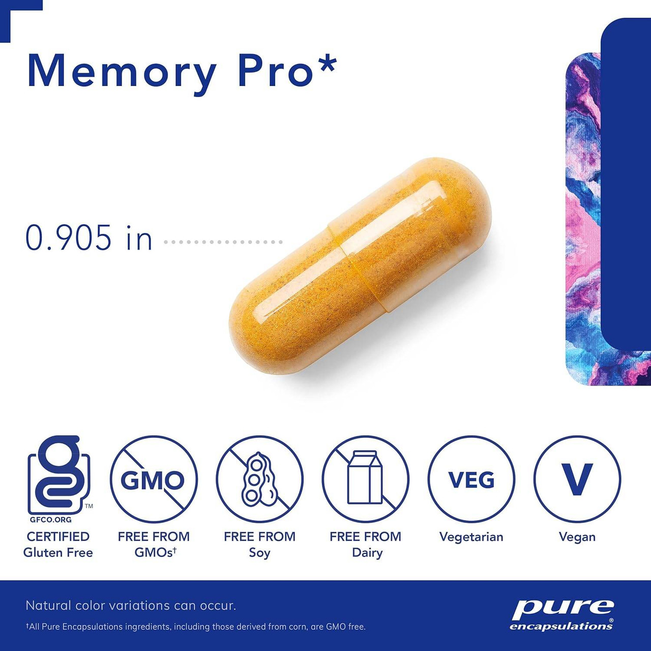 Memory Pro capsule with size and certified gluten-free, non-GMO, vegan icons