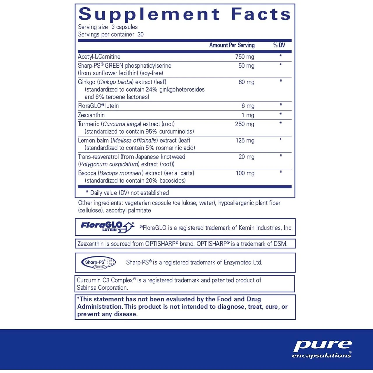 Pure Encapsulations Memory Pro supplement facts panel, 90 capsule size