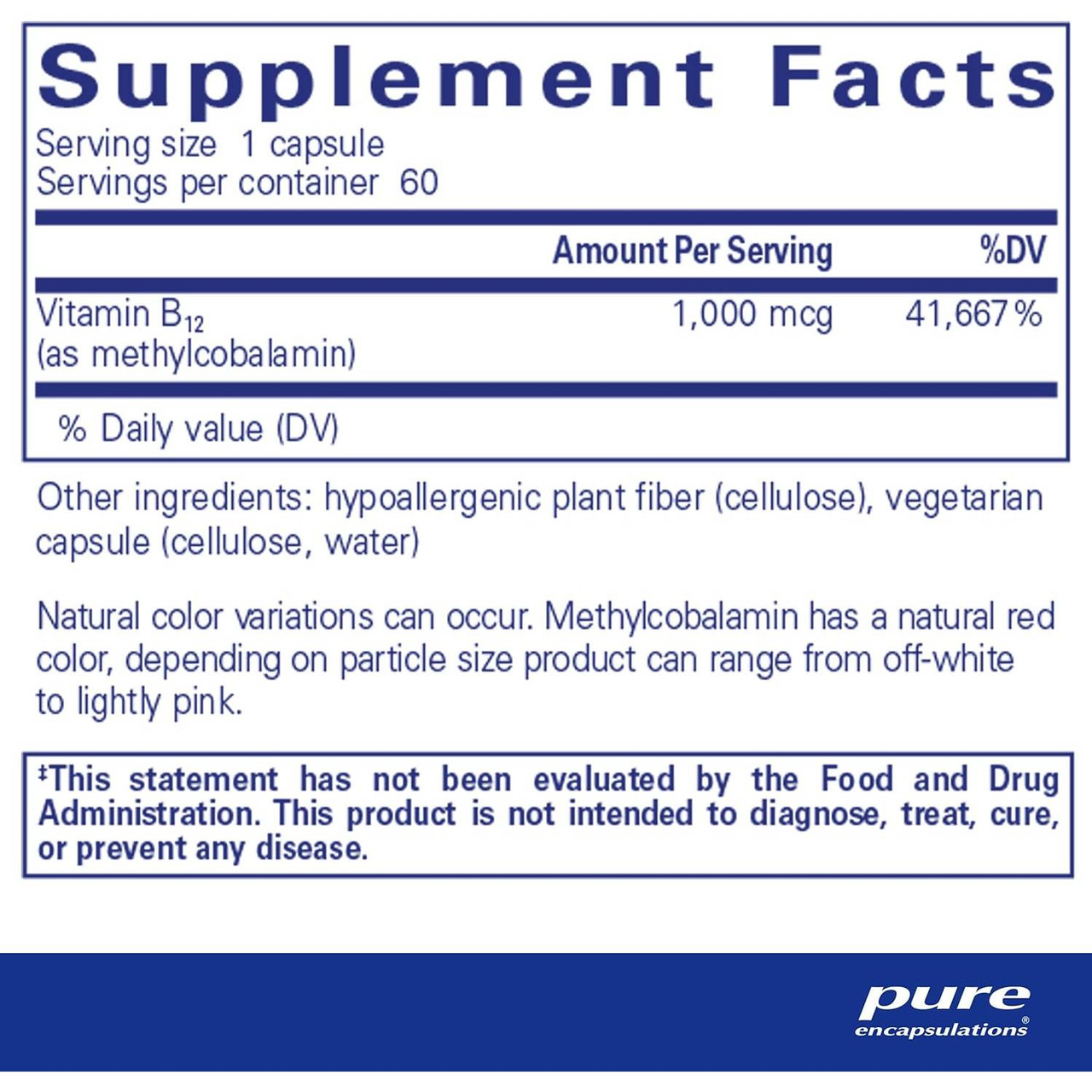 Methylcobalamin 60 capsule supplement facts panel