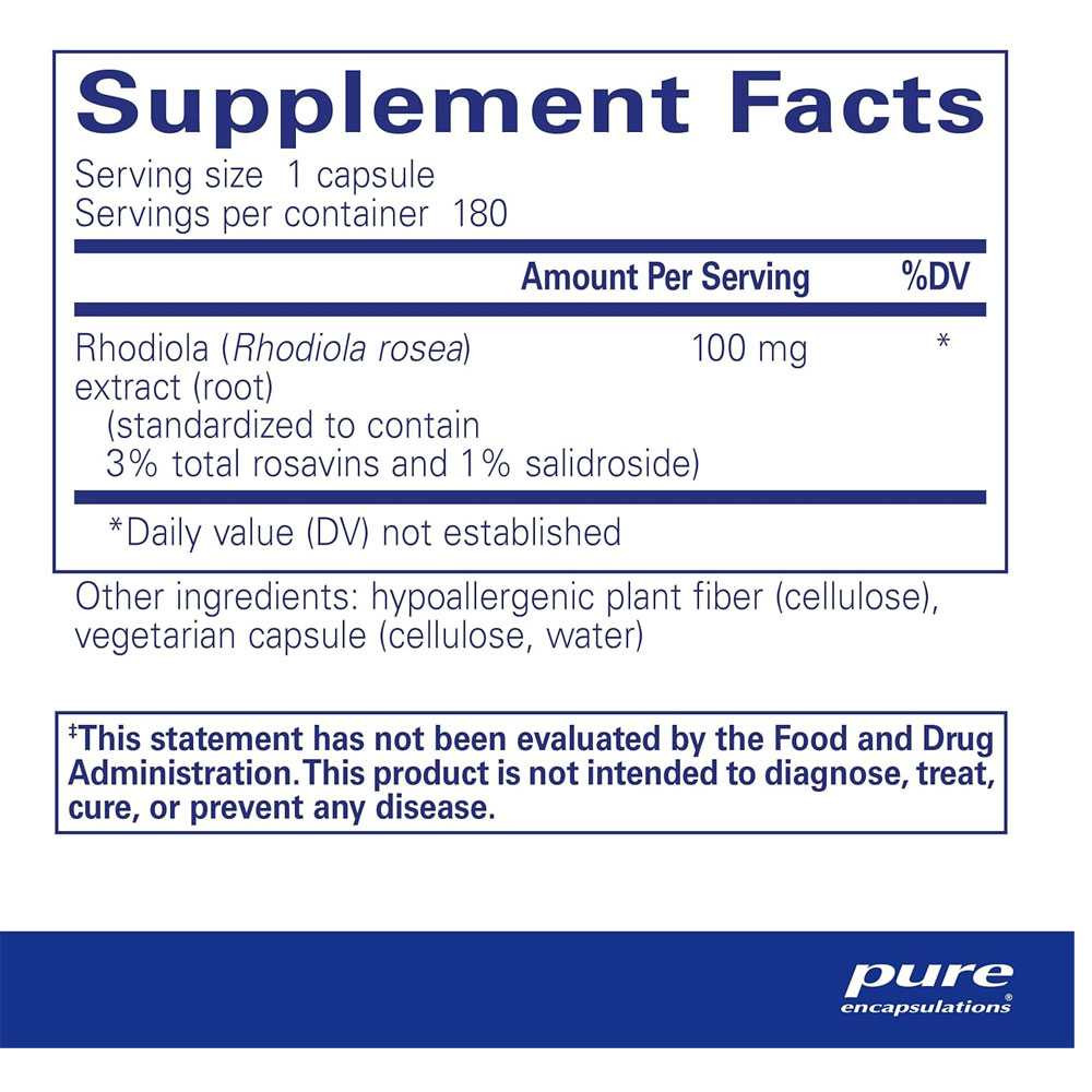 Rhodiola Rosea supplement facts, 100 mg extract, 180 servings