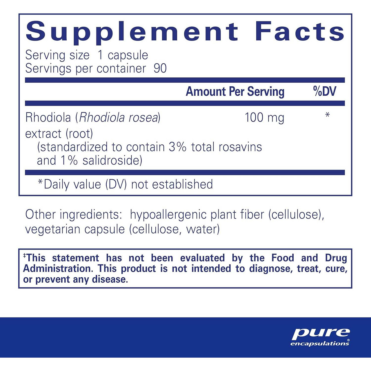 Rhodiola Rosea supplement facts, 100 mg extract, 90 servings