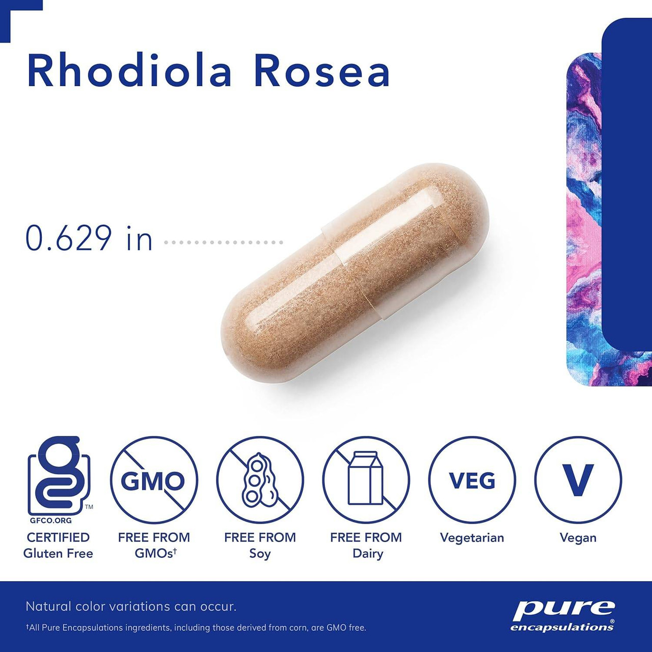 Rhodiola Rosea capsule, 0.629 inch, with gluten-free, non-GMO and vegan icons