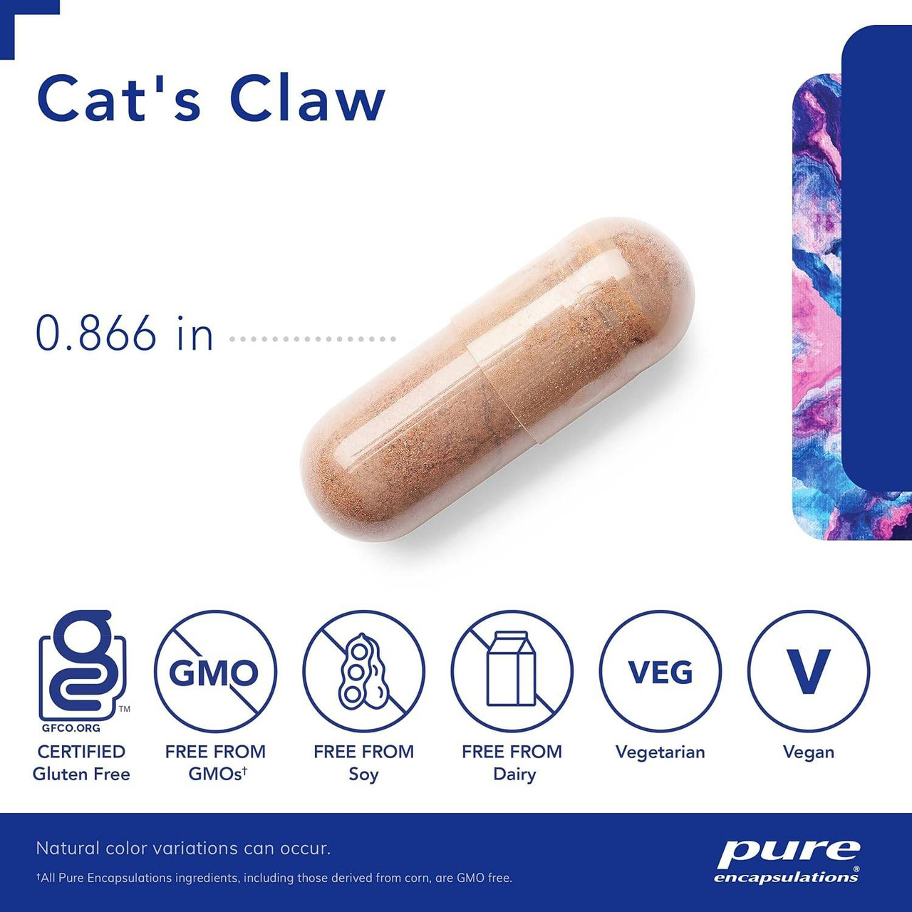 Cat's Claw capsule measuring 0.866 inches with non-GMO icons