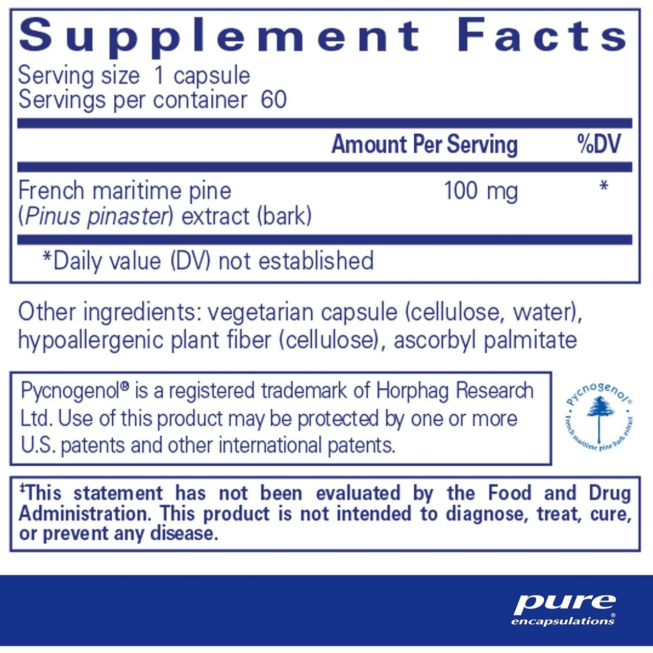 Pycnogenol 60 capsule supplement facts panel
