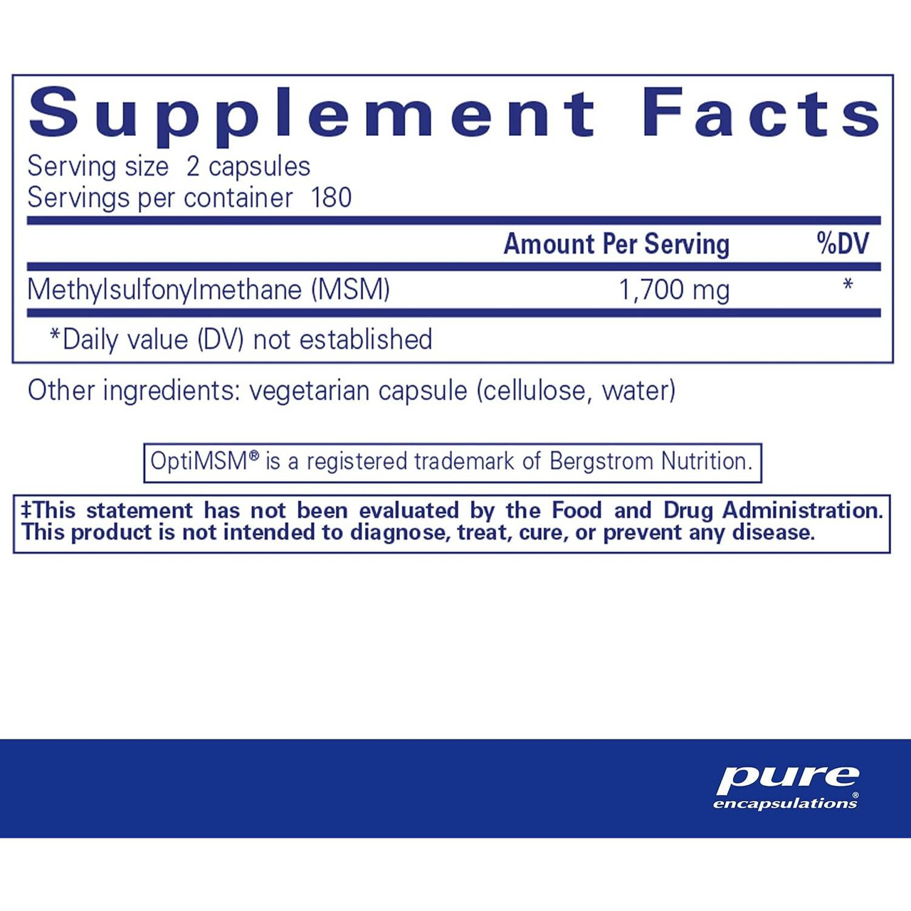Supplement facts for MSM capsules, 180 servings