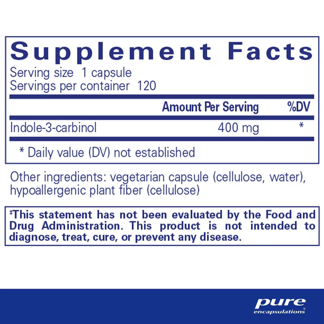 Indole-3-Carbinol supplement facts, 400 mg per capsule, 120 servings
