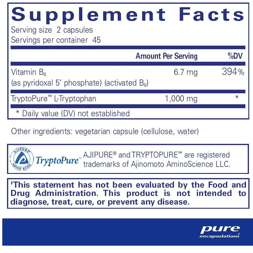 L-Tryptophan supplement facts, 1,000 mg TryptoPure L-tryptophan and vitamin B6 per 2 capsules, 45 servings