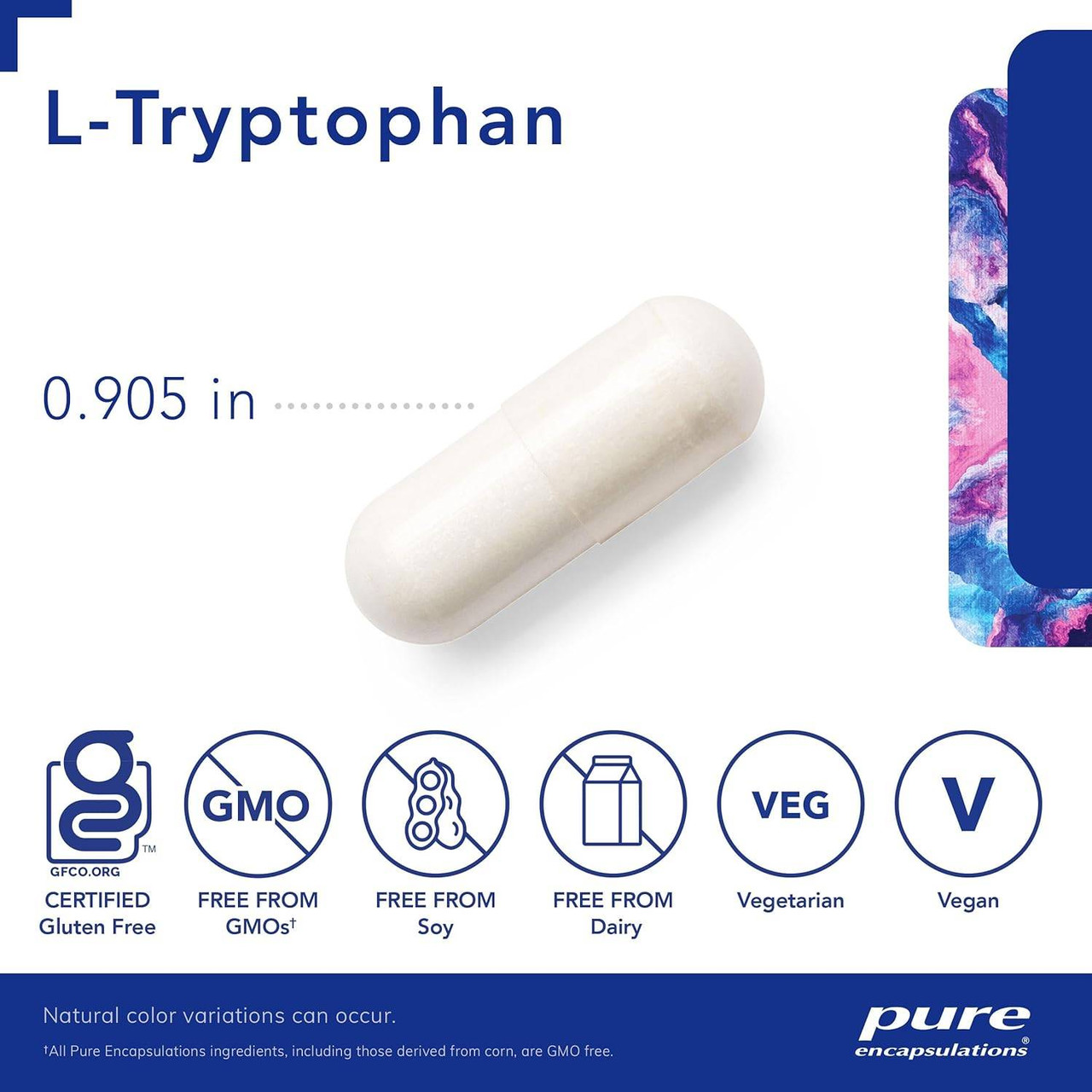 L-Tryptophan 0.905 in capsule with gluten-free, non-GMO, soy-free, dairy-free, vegetarian and vegan icons