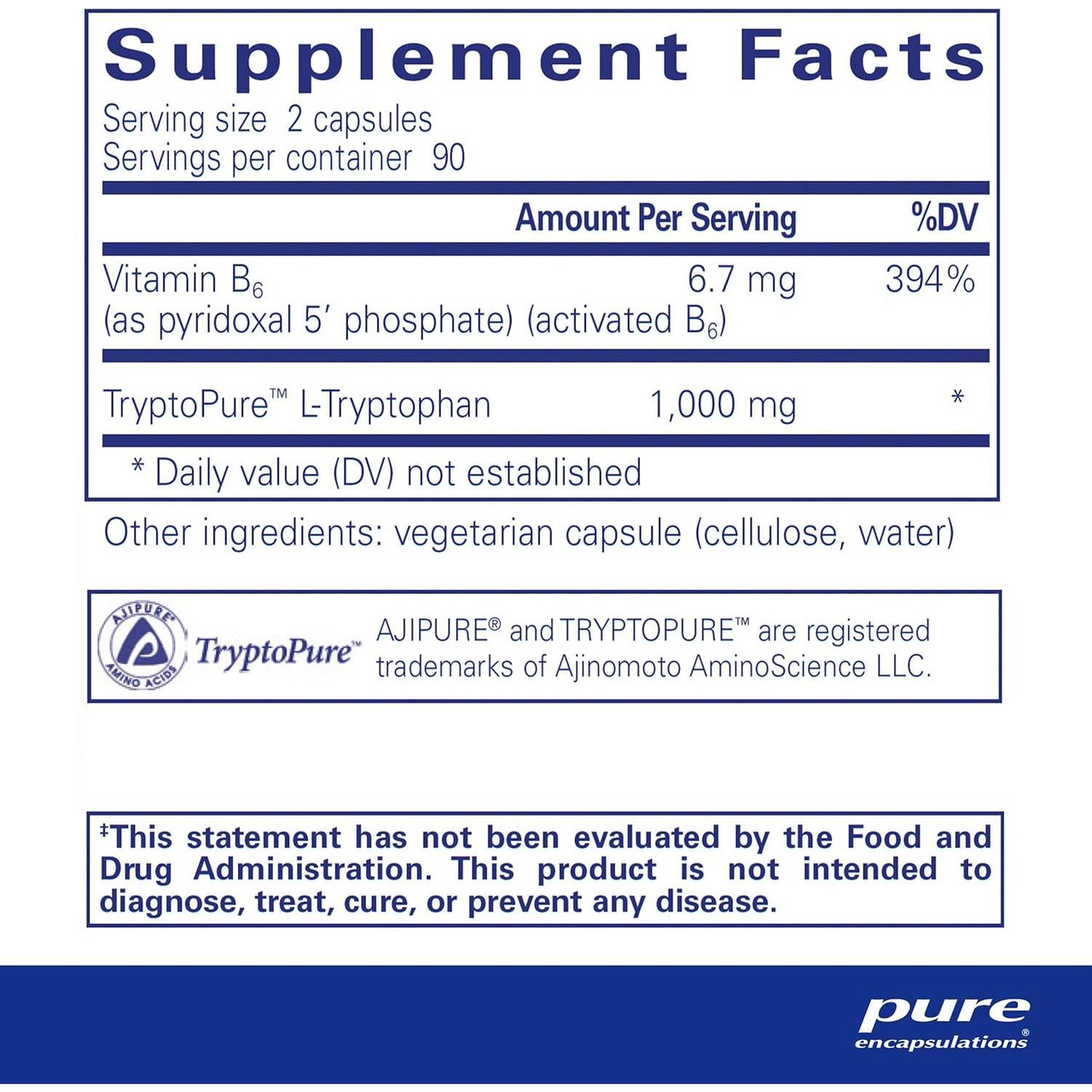 L-Tryptophan supplement facts, 1,000 mg TryptoPure L-tryptophan and vitamin B6 per 2 capsules, 90 servings
