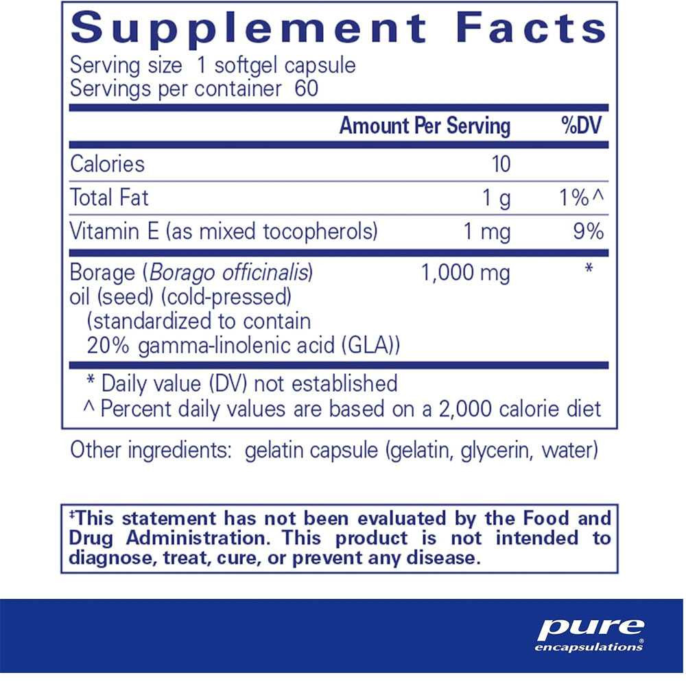 Borage Oil supplement facts, 1,000 mg borage seed oil per softgel