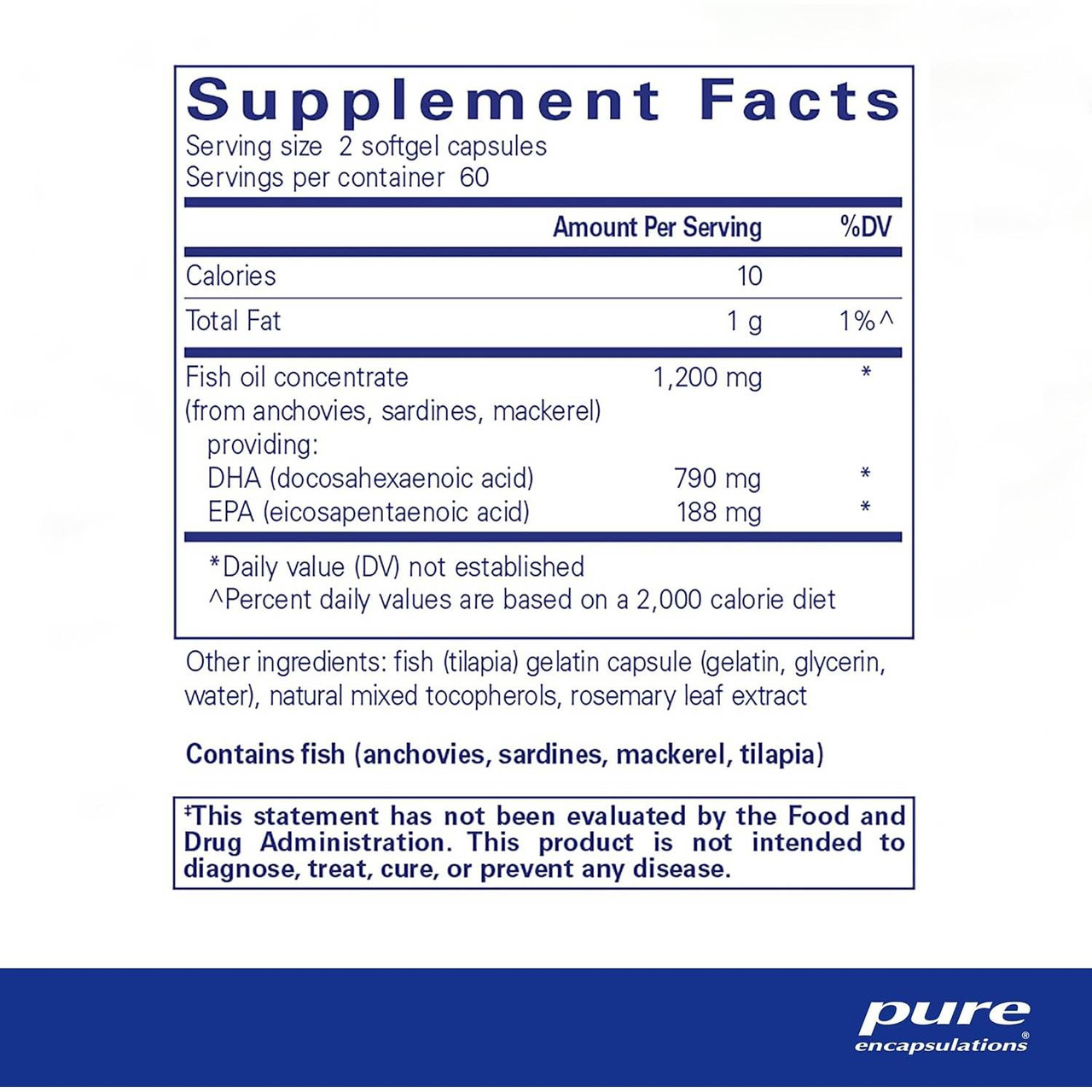 DHA Ultimate supplement facts panel, 60 servings, contains fish