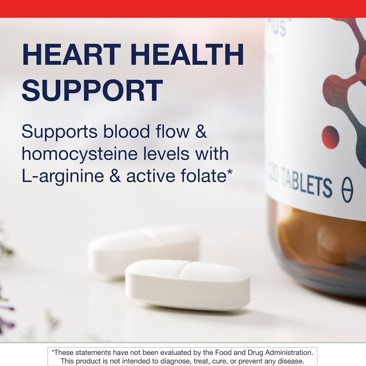 Arginine Plus tablets beside the bottle, L-arginine and active folate graphic