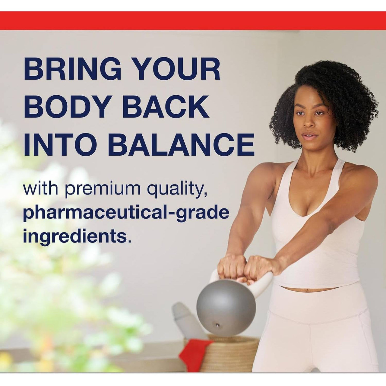 Woman lifting a kettlebell, bring your body back into balance graphic