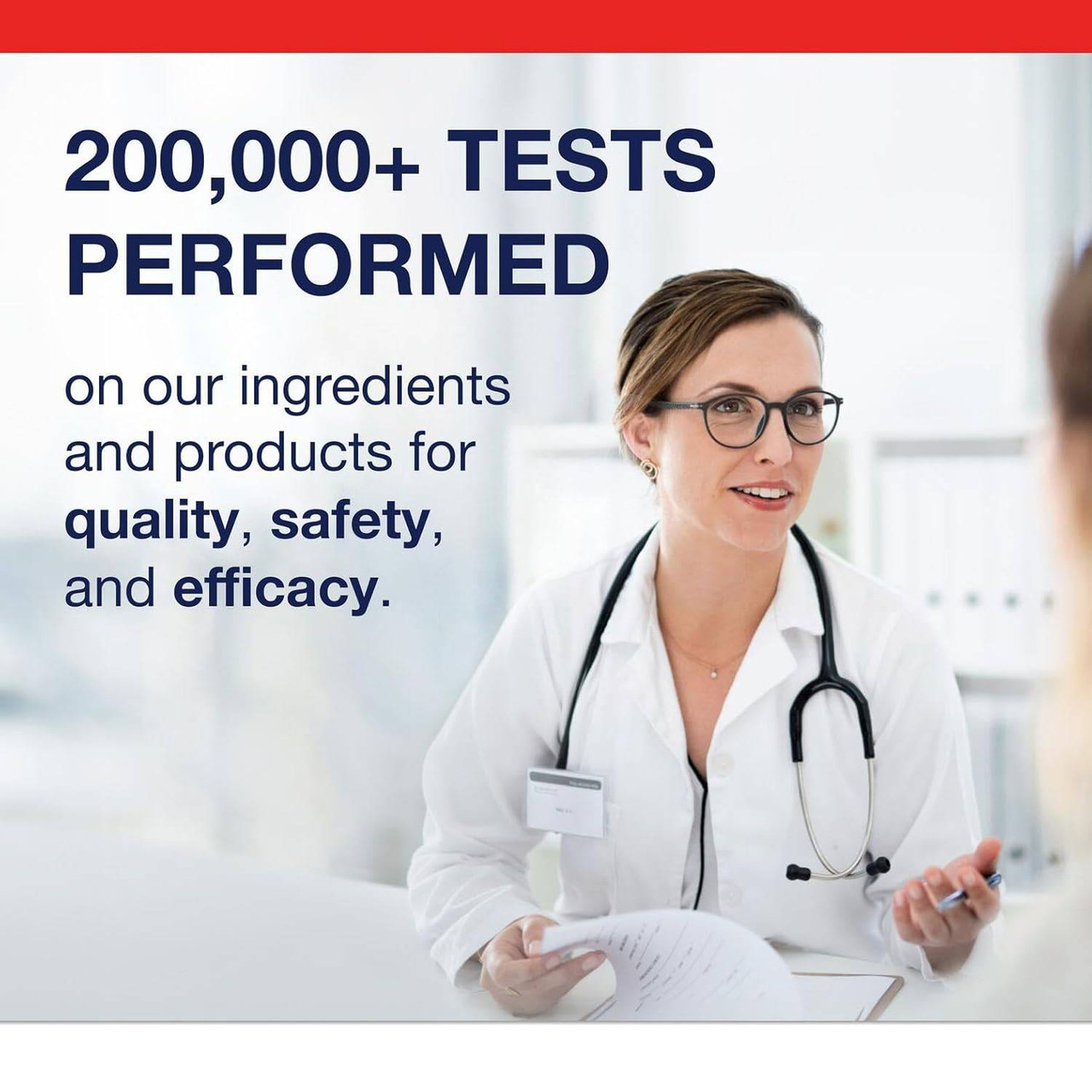 Scientist with stethoscope, Metagenics 200,000+ tests performed graphic