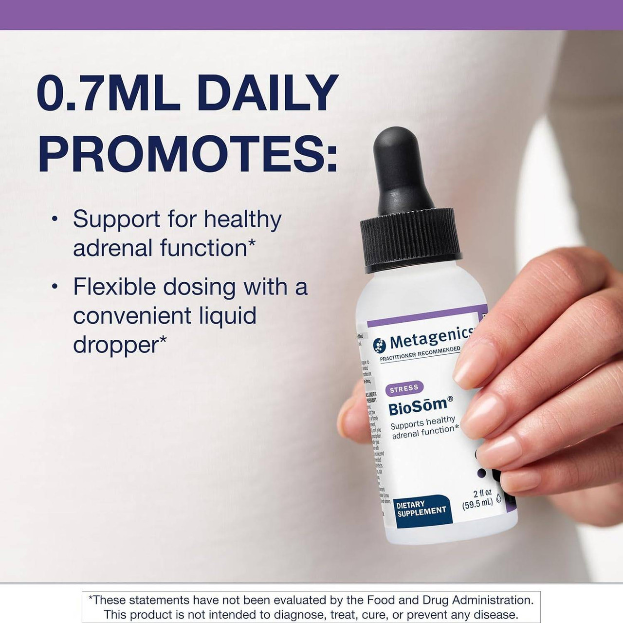 Hand holding the BioSom bottle, 0.7 mL daily graphic