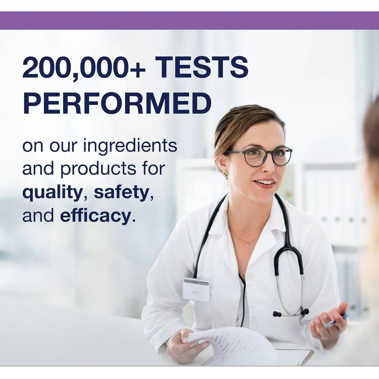 Scientist with stethoscope, Metagenics 200,000+ tests performed graphic