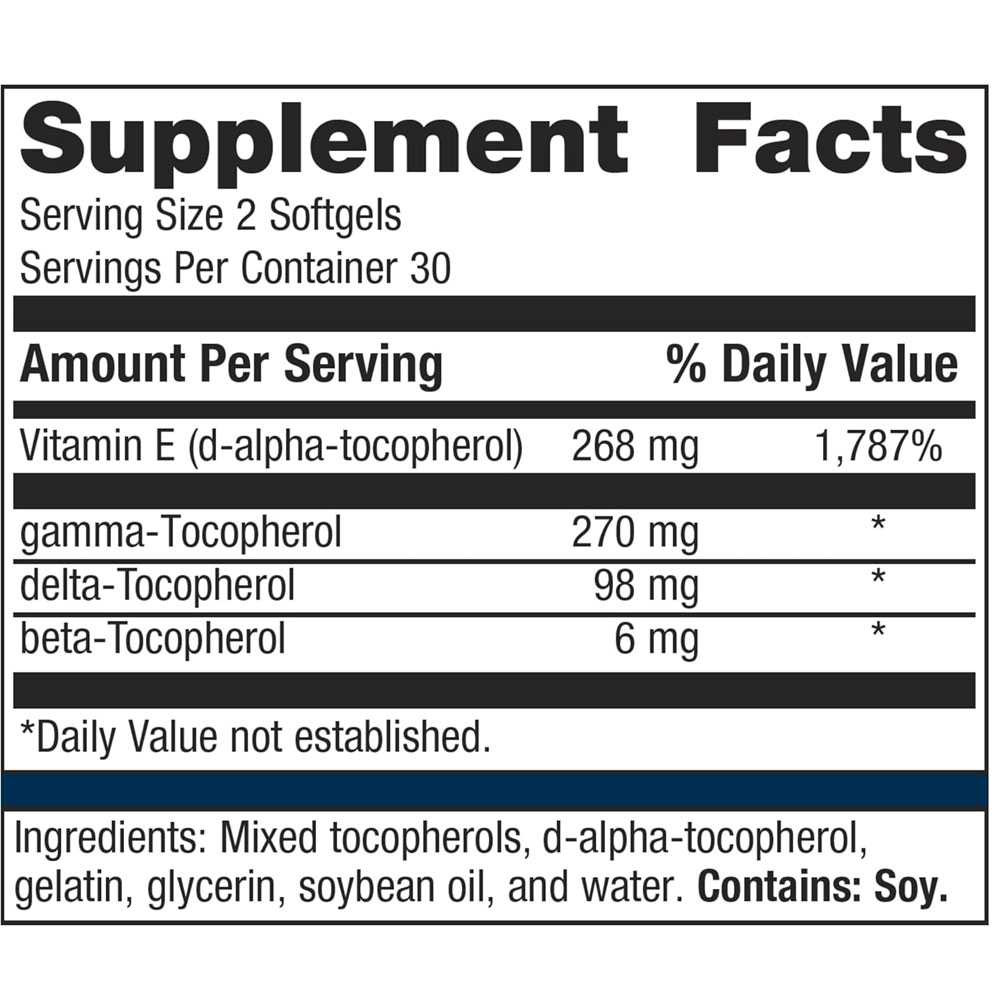 Metagenics E Complex 1-to-1 supplement facts panel with mixed tocopherols