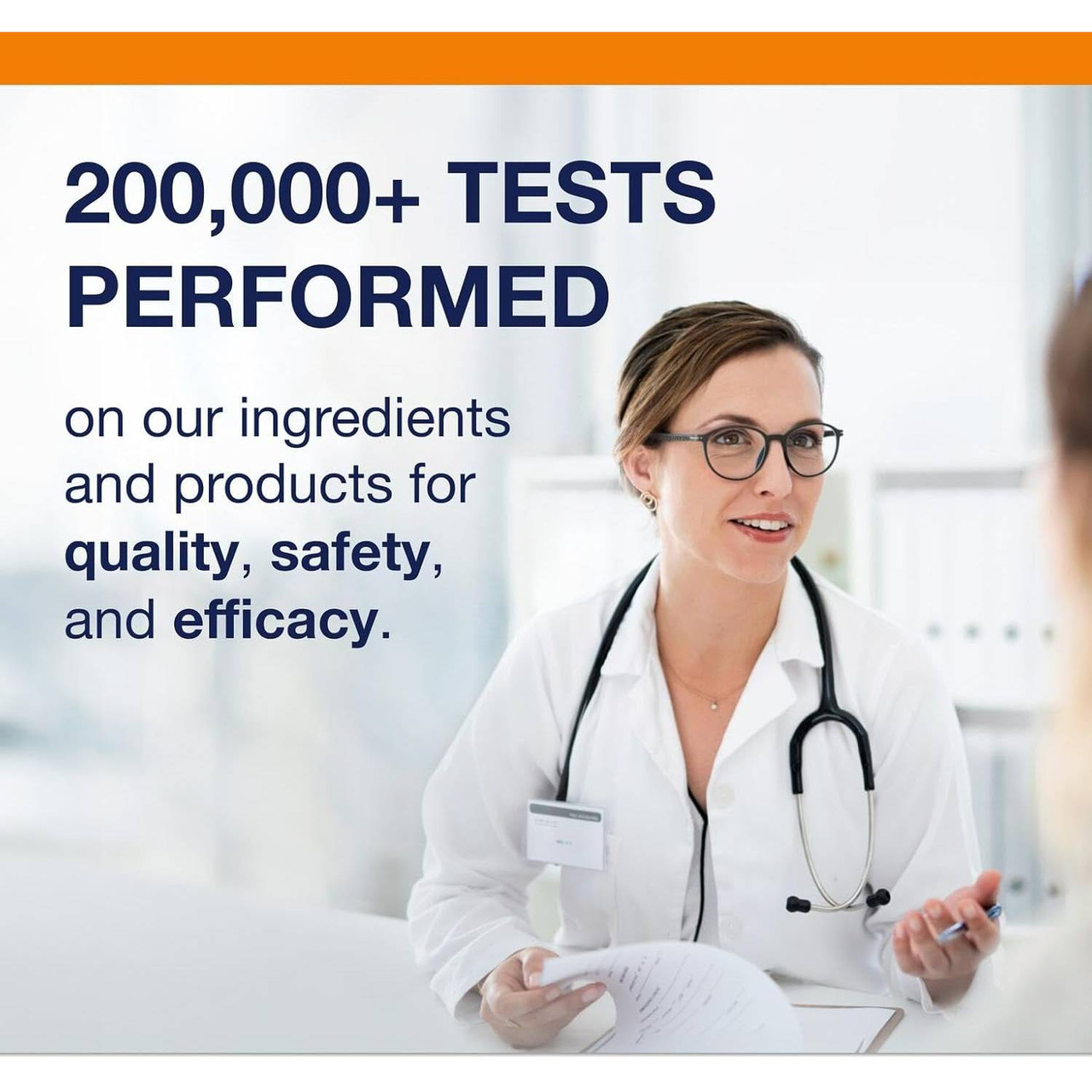 Doctor with a stethoscope beside a 200,000+ tests performed banner