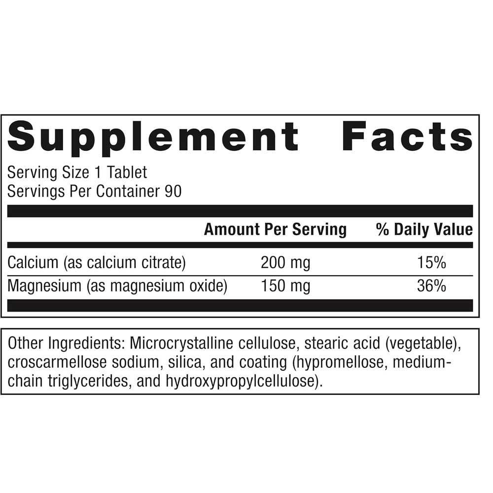 Bone Builder Vegetarian supplement facts, 200 mg calcium citrate and 150 mg magnesium oxide per tablet