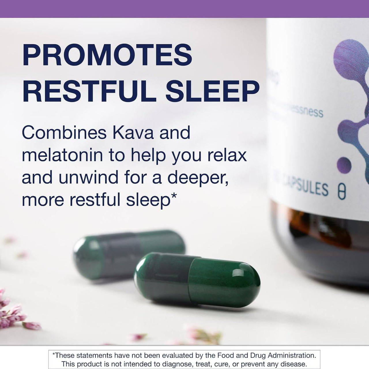 Green capsules beside the bottle, kava and melatonin graphic